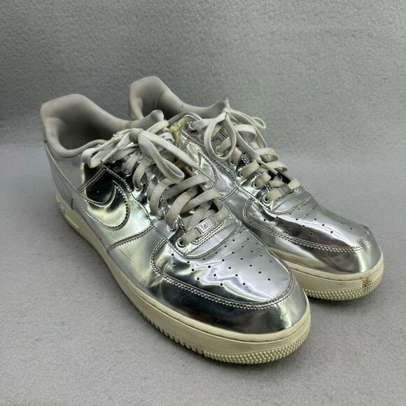 Nike Mens Silver Air Force 1 SP Liquid Metal Metallic Chrome Athletic Sneaker Sh - Picture 10 of 11